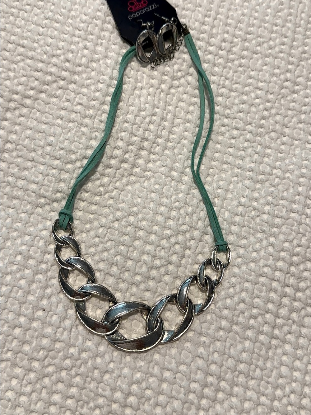 paparazzi Silver Link Necklace with Mint Cord